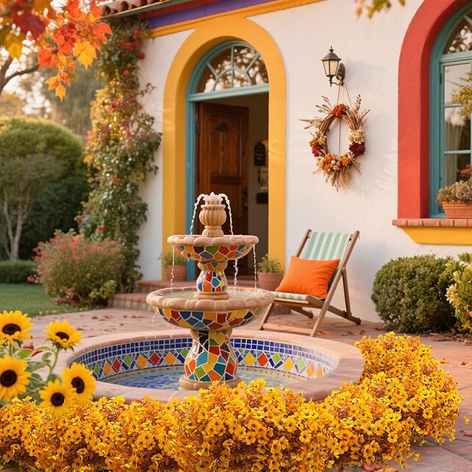 16 Bundles Artificial Fall Mums Outdoor UV Resistant, Fake Silk Plants No Fade Faux Greenery for Garden Porch Patio - Autumn Thanksgiving Christmas Home Decor (Fall Yellow)