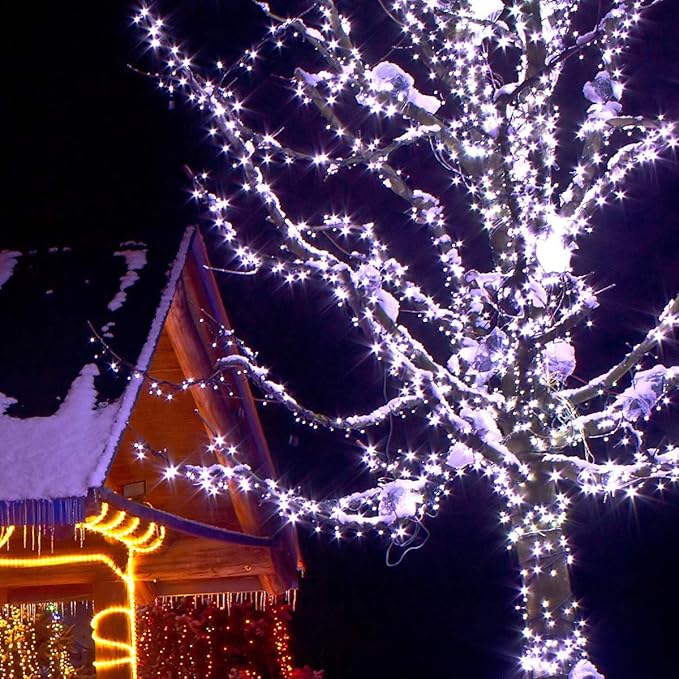 5mm LED Wide Angle Cool White Prelamped Light Set, Green Wire - 70 5mm Cool White LED Christmas Lights, 4" Spacing