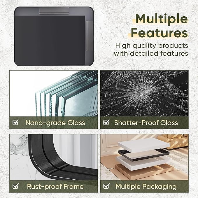 Suidia Bathroom Mirror, 72" x 36" Wall Mirror Metal Framed, Bathroom Vanity Mirror for Living Room Bedroom Bathroom Entryway, Black, Rounded Corner Style