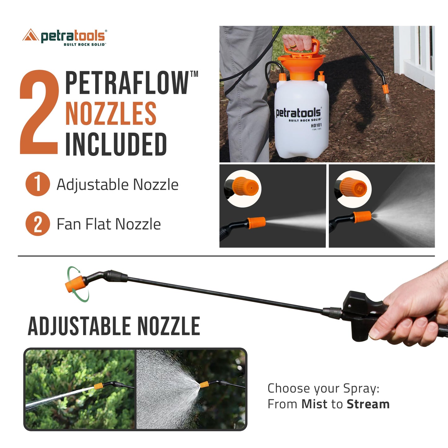 Petratools 1 Gallon Pump Sprayer – HD101 Garden Sprayer for Weeds, Lawn Care & Pesticides – 52” Long Hose, 2 Nozzles & Easy Carry Handle – Durable & Lightweight