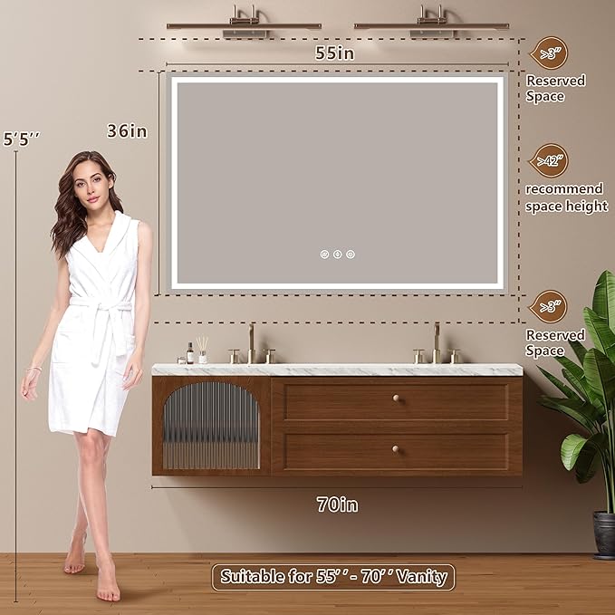 55x36 Inch LED Lighted Bathroom Mirror - Anti-Fog Vanity Mirror with Dimmable Front & Backlit, 3 Color Temp, Smart Memory - Shatterproof HD Glass, IP54 Waterproof Wall Mounted for Makeup Shaving