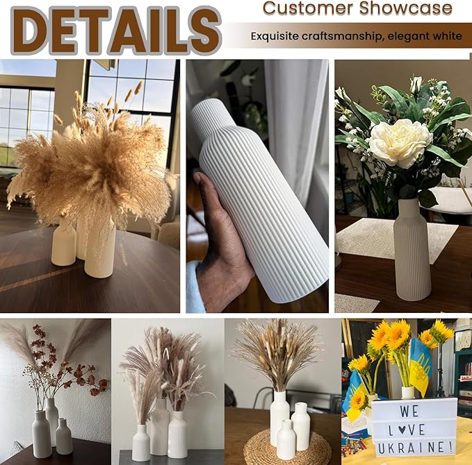Ceramic Vases Set of 3, Modern Ribbed Vases with Glossy Finish, Decorative Flower Vases in 5.9", 7.8", 9.8" for Home Decor, Living Room, Bedroom, Table Centerpiece (Pink, Blue, Orange)
