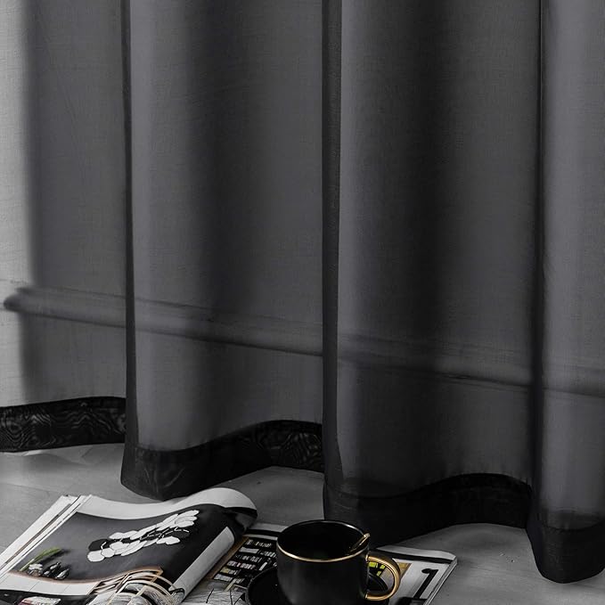 DUALIFE Black Sheer Curtains 45 Inch Length for Basement Windows Set of 2 Panels Grommet Semi Translucent Short Curtains for Small Windows Kitchen Bedroom Bathroom 52x45 Inches Long