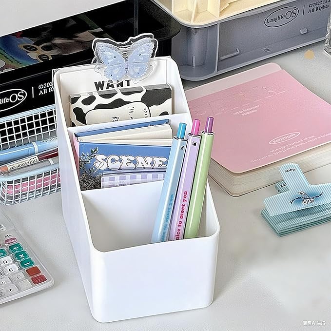 Cute Desk Organizer for College Dorm Room - 3-Tier Desktop Organizer White | Adorable Pen & Sticky Note Holder | Bedside Remote Control | Office Supplies Storage Caddy (Small Space-Saver)