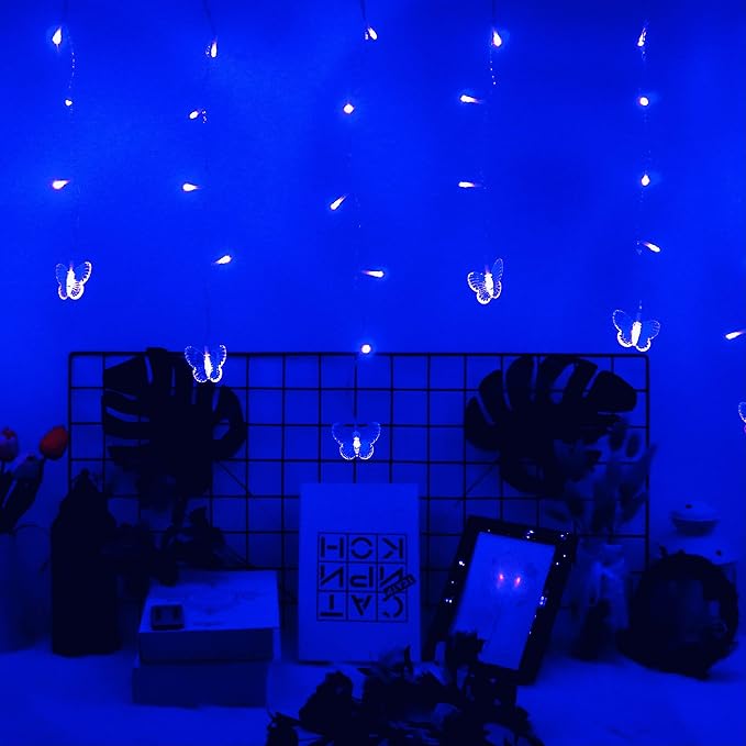Butterfly Curtain Fairy Lights USB Plug in,8 Modes 120 LED 19.7FT Firefly Twinkle Timer String Lights with Remote, Waterproof Copper Wire for Bedroom Patio Christmas Wedding Party Dorm (Blue)