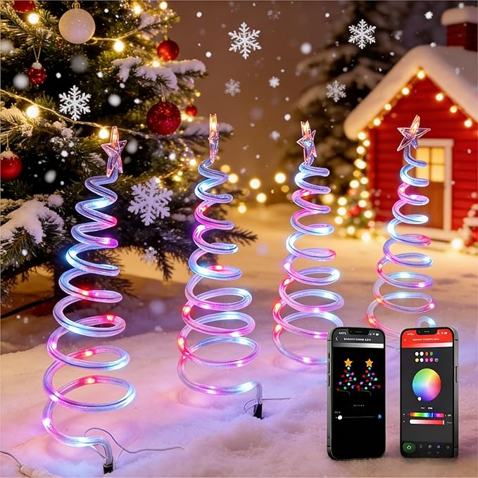 8 Pack Smart Christmas Pathway Lights Outdoor with Music Sync, 100+ Lighting Modes, Waterproof RGB Spiral Christmas Tree Path Lights for Yard, Driveway, Patio, Garden & Landscape Spotlights LED Lights