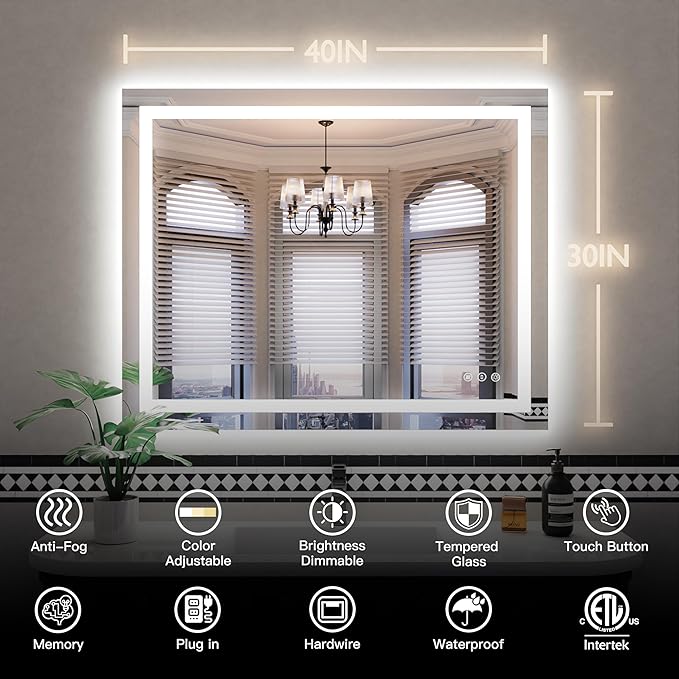 ISKM 40'' x 30'' LED Mirror for Bathroom Lighted Vanity Mirror for Wall Front Lights + Backlit LED Bathroom Mirror Anti-Fog Tempered Glass ETL Listed