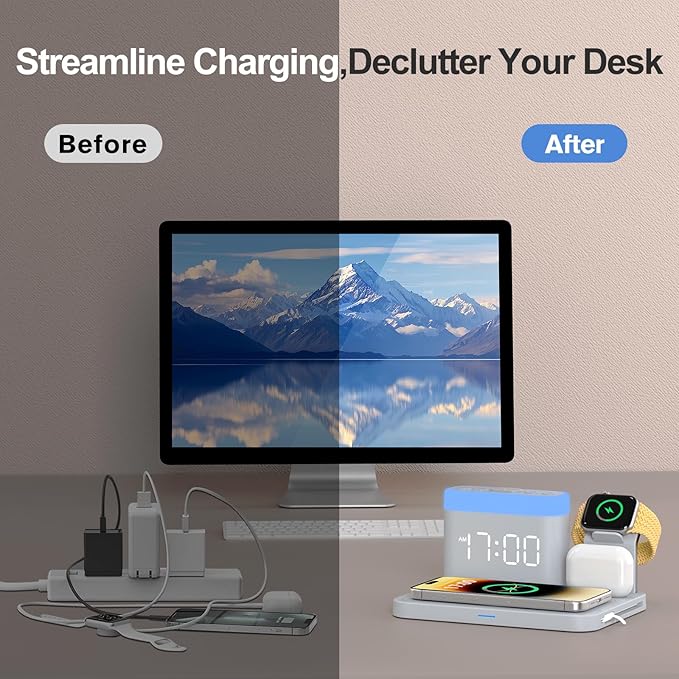 ANJANK Wireless Charging Station with Alarm Clock & Night Light,Magnetic 5 in 1 Charger Stand for Multiple-Device,Charging Dock for iPhone 17 16 15 14 13 12 Pro Max Plus,Apple Watch,Airpods,Nightstand