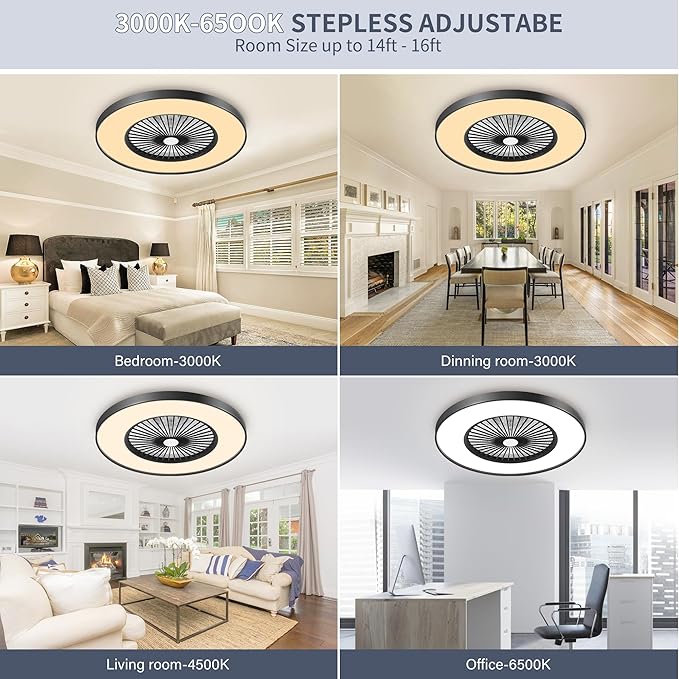 24" Low Profile Ceiling Fan with Light, Modern Flush Mount Bladeless Ceiling Fan with APP & Remote Control, 6 Speeds Silent DC Motor, 3-Color Dimmable LED, Matte Black