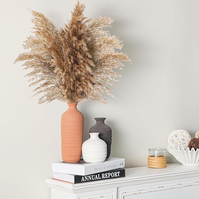 Ceramic Vase Set of 3 Neutral Decorative Vase for Farmhouse, Boho, or Rustic Home Decor Pottery Vases for Pampas Grass Living Room Bedroom Table Mantel Entryway Shelf (01-Brown)