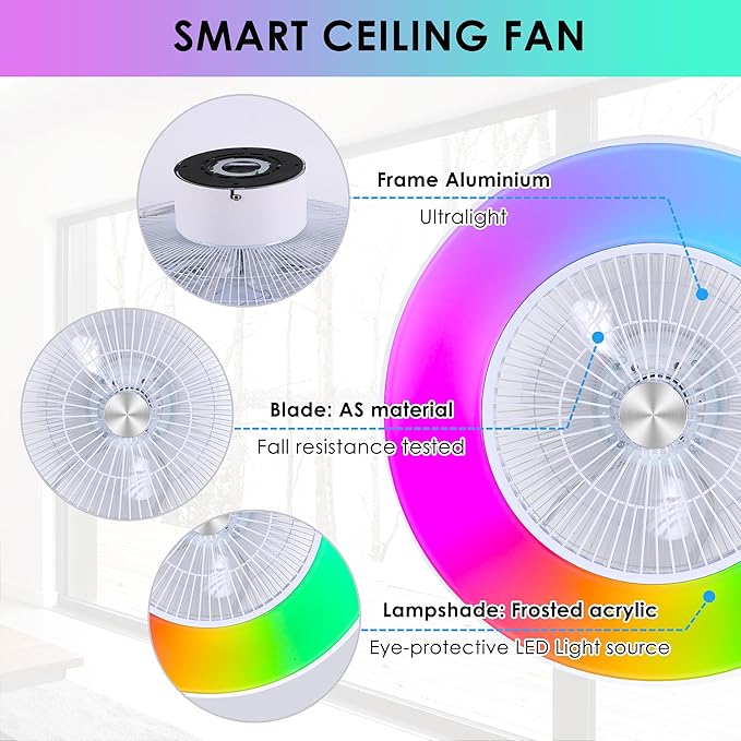 24" Bladeless Ceiling Fans with Lights and Remote/APP/Voice Control, Low Profile Ceiling Fan with RGB Lights, Enclosed Flush Mount Ceiling Fan for Kid's Bedroom/Living Room