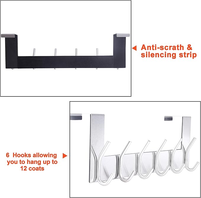SKOLOO Over The Door Hook - 6 Hooks, No Assembly Required, Stainless Steel Door Hooks, Over Door Coat Rack for Hanging Coats Clothes Hats Robes, Silver, Pack of 2