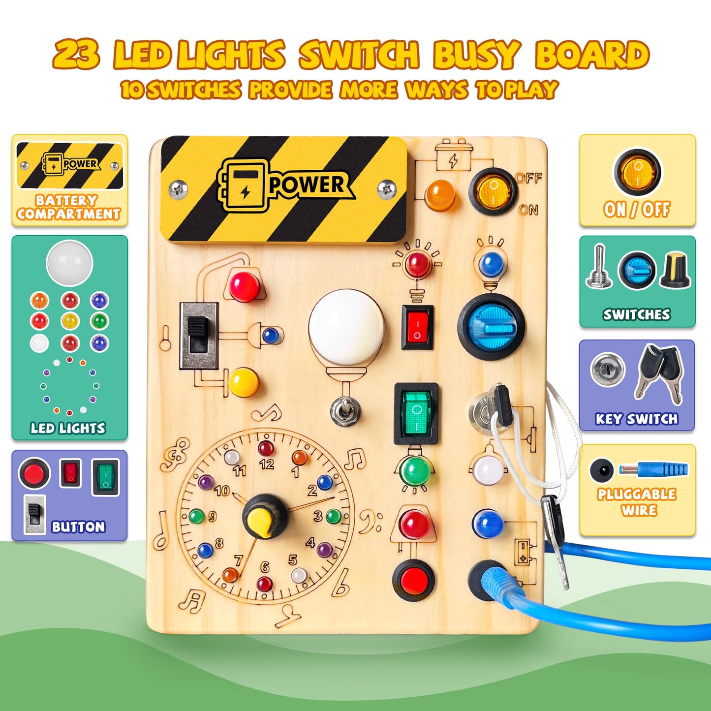 Iabedi Busy Board, Montessori Toy for 1-3 Years Old, Wooden Toddler Sensory Travel Toy, Ideal Gift for 1+ Year Old Boys (Busy Board Plus V2), Medium, Yellow