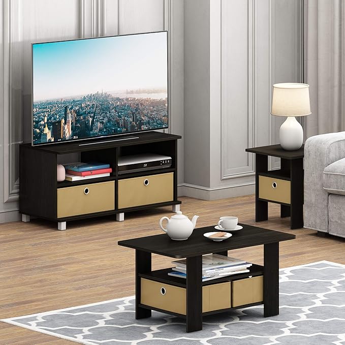 Furinno Andrey Set of 2 End / Side Table / Night Stand / Bedside Table with Bin Drawer, Espresso