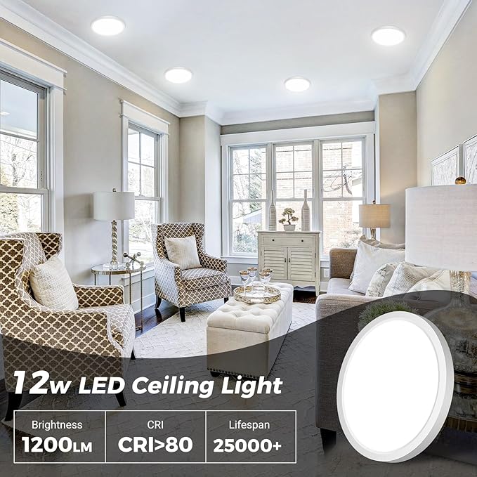 1PACK Flush Mount LED Ceiling Light Fixture - White, 6.5Inch 12Watt, Dimmable & 3000K-4000K-6500K 3 Color Selectable Ceiling Lamp - 1200LM Low Profile Light for Kitchen, Bedroom, Hallway, Porch