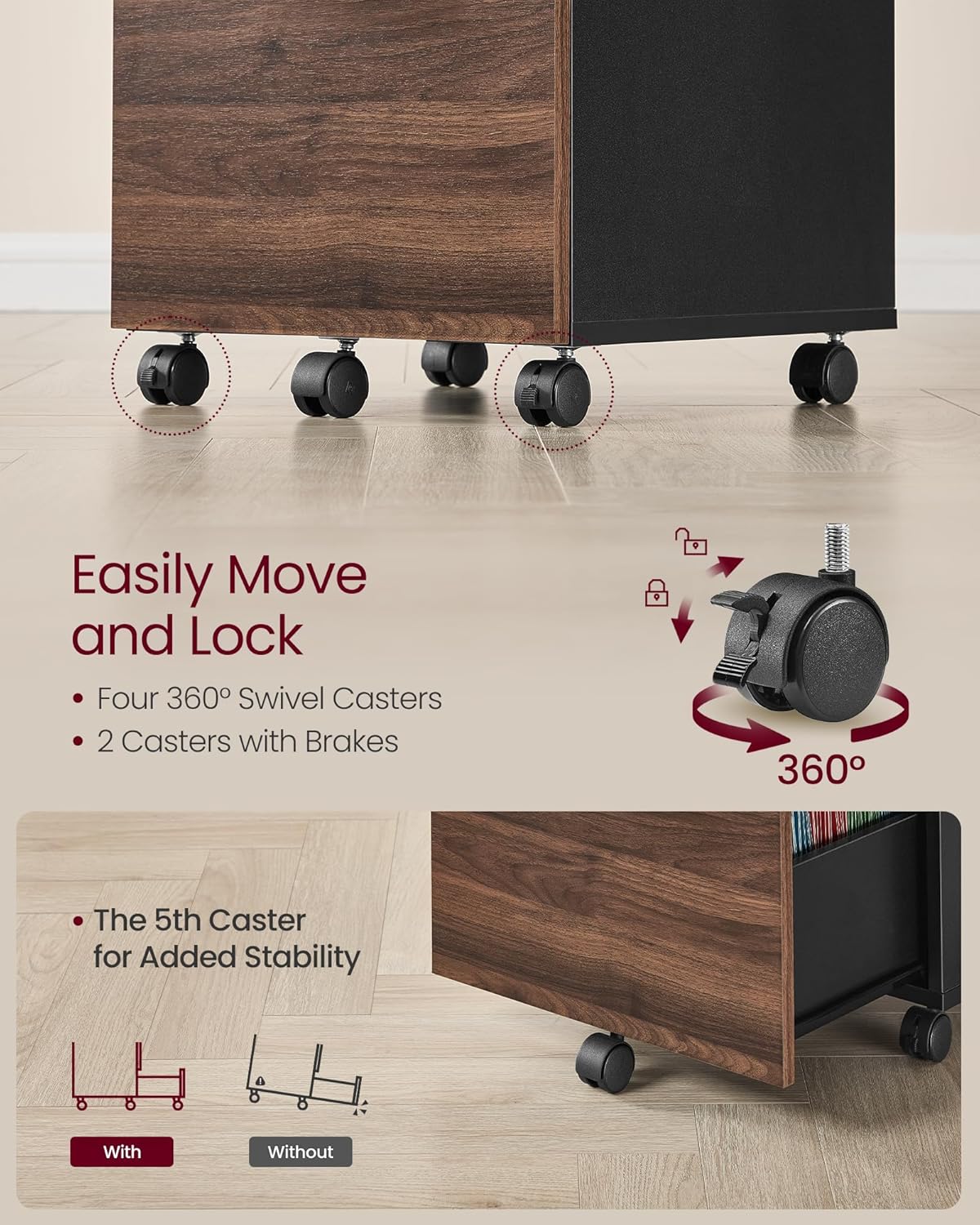 VASAGLE 2-Drawer File Cabinet, Small Rolling Filing Cabinet for Home Office, Printer Stand, for A4, Letter-Size Documents, 15.7 x 16.5 x 27.6 Inches, Natural Walnut and Ink Black UOFC040K01