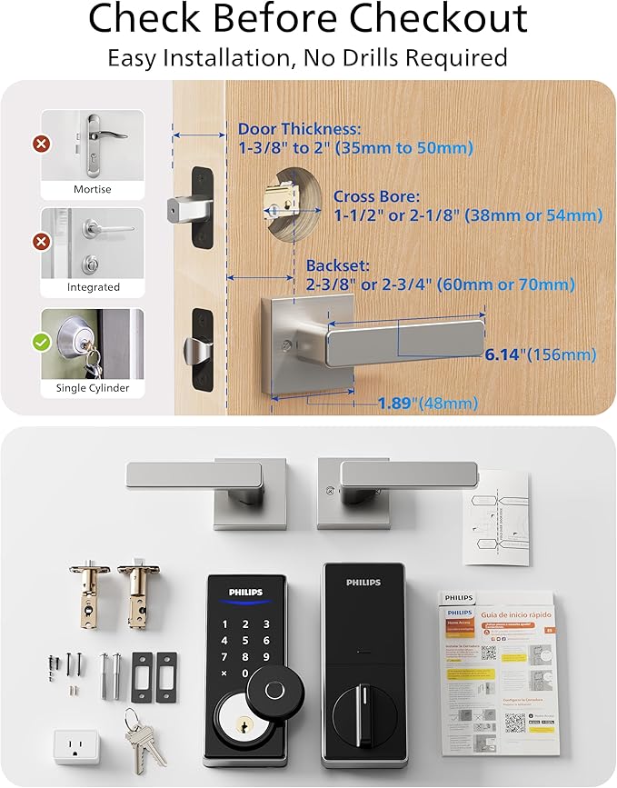 Philips WiFi Smart Lock with Handle, Fingerprint Keyless Entry Door Lock with WiFi Bridge, Smart Locks for Front Door with Handle Set, APP Remote Control, Work with Alexa&Google Assistant, Auto-Lock