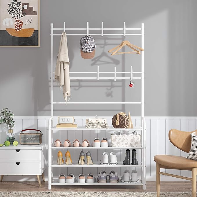UDEAR Entryway Coat and Shoe Rack,3-in-1 Hall Tree Multifunctional Storage Shelf with 4-Tier Shoe Bench and 8 Hooks,16-20 Pairs of Shoes,Easy Assembly,for Entrance Foyer Bedroom Barthroom,White