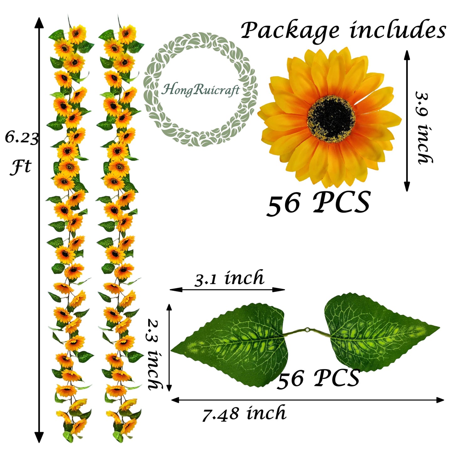 HongRuicraft Artificial Garlands and Wreaths Having 28 Flowers,6.23ft Yellow Flower Room Kitchen Garden Birthday Wedding Shower Party Table Decor Wall Decor Artificial Flowers for Outdoors(2 Items)