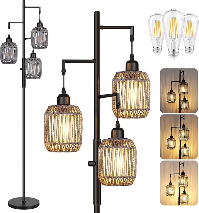 ROTTOGOON Dimmable Boho Floor Lamp - 3 Light Farmhouse Rattan Floor Lamp for Living Room, Industrial Tree Floor Lamps with 3 X 6W LED Bulbs, Rustic Standing Tall Lamp for Bedroom, 68", Black + Gray
