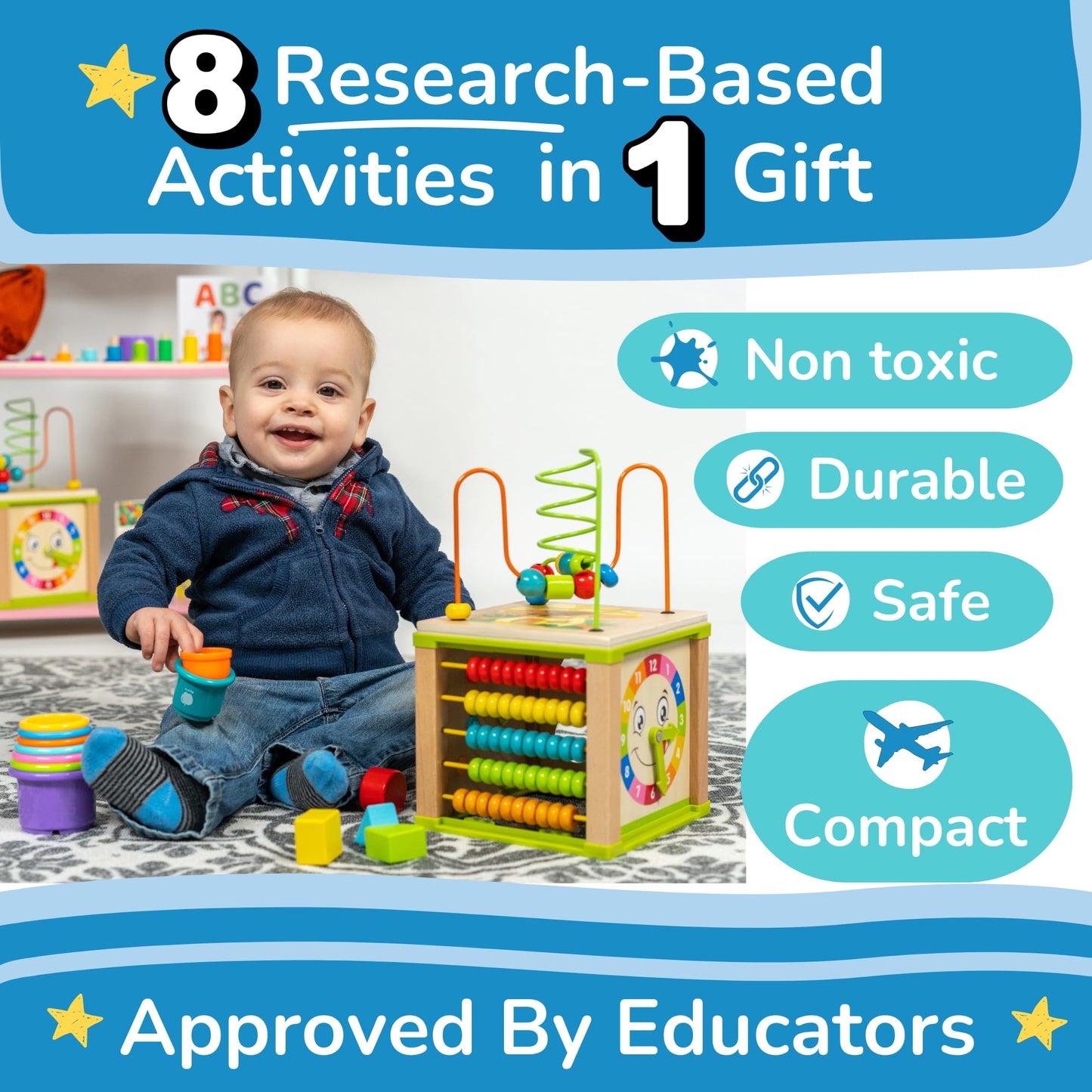 Toyventive Wooden Kids Baby Activity Cube - Girls Gift Set | 1st Birthday Gifts Toys for 1 One, 2 Year Old Girl | Developmental Toddler Educational Learning Girl Toys 12-18 Months | Bead Maze