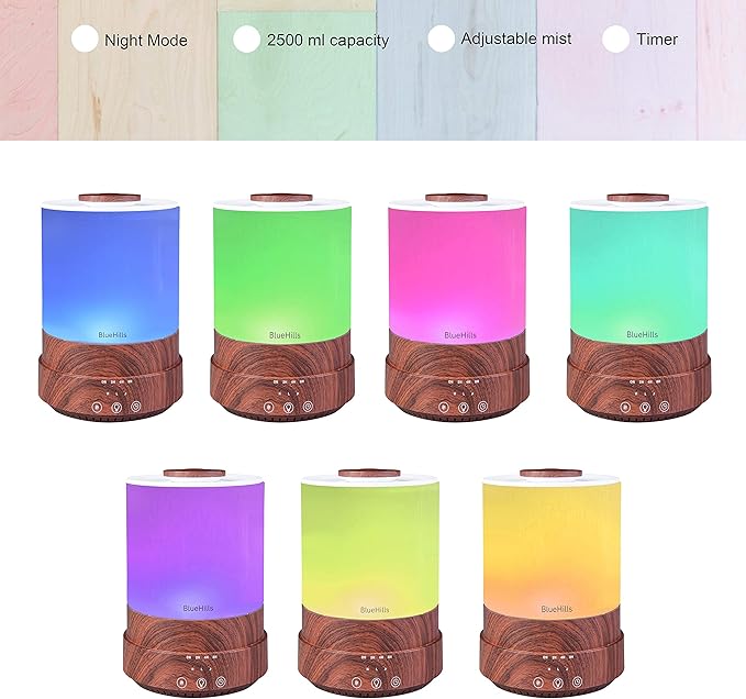 BlueHills Premium Set of Two Large 2000 ML and 2500 ML XL Essential Oil Diffusers Humidifier Combo for Large Room Home with Décor LED Lights Great Gift – Value Pack of Dark Wood Grain.