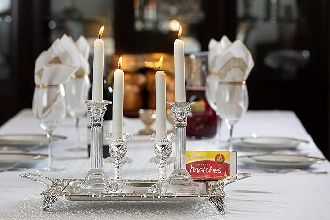 Ner Mitzvah Silver Plated Candlesticks, Pair of 4 Inch Ornate Candle Holders with Round Base and Floral Design (Pack of 2)