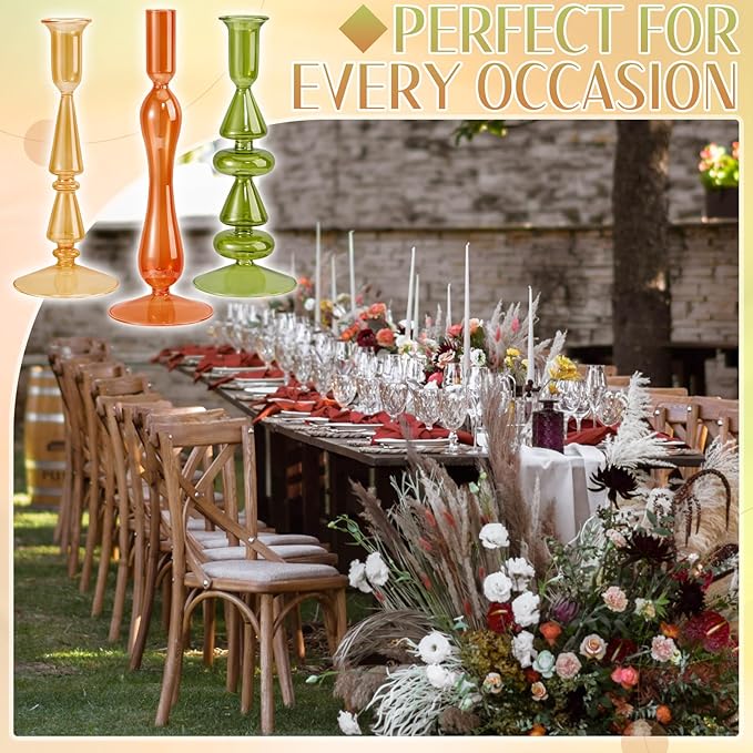 Mumufy 3 Pcs Thanksgiving Glass Candlestick Holders Thanksgiving Ball Shaped Glass Taper Candle Holder Amber Olive Honey Gold Fall Candle Stick Vase Decor for Holiday(9.1, 9.5, 10.6 inch,Cute)