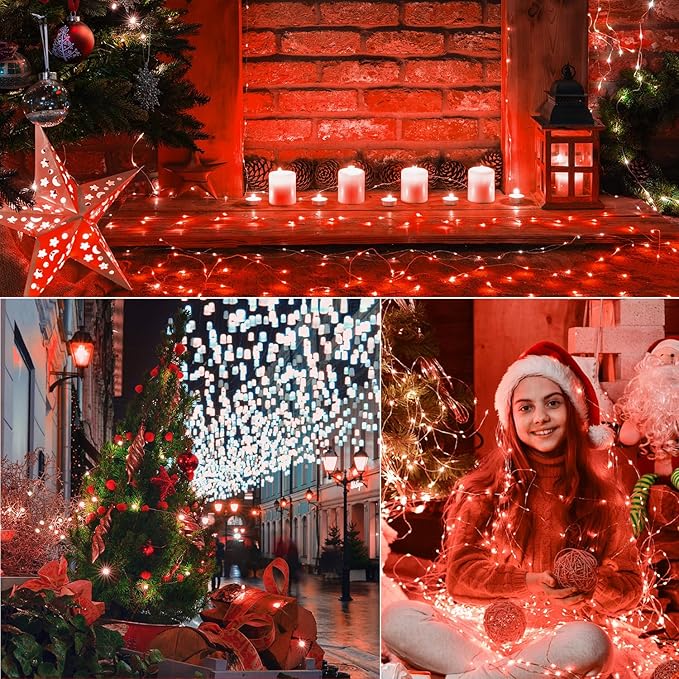 LAMPHOME 100 LED 33FT Red Valentine Lights, Valentine's Day Fairy Lights Battery Operated, Twinkle String Light Multi Functions & Timer with Remote for Christmas Bedroom Wedding DIY Centerpiece Decor