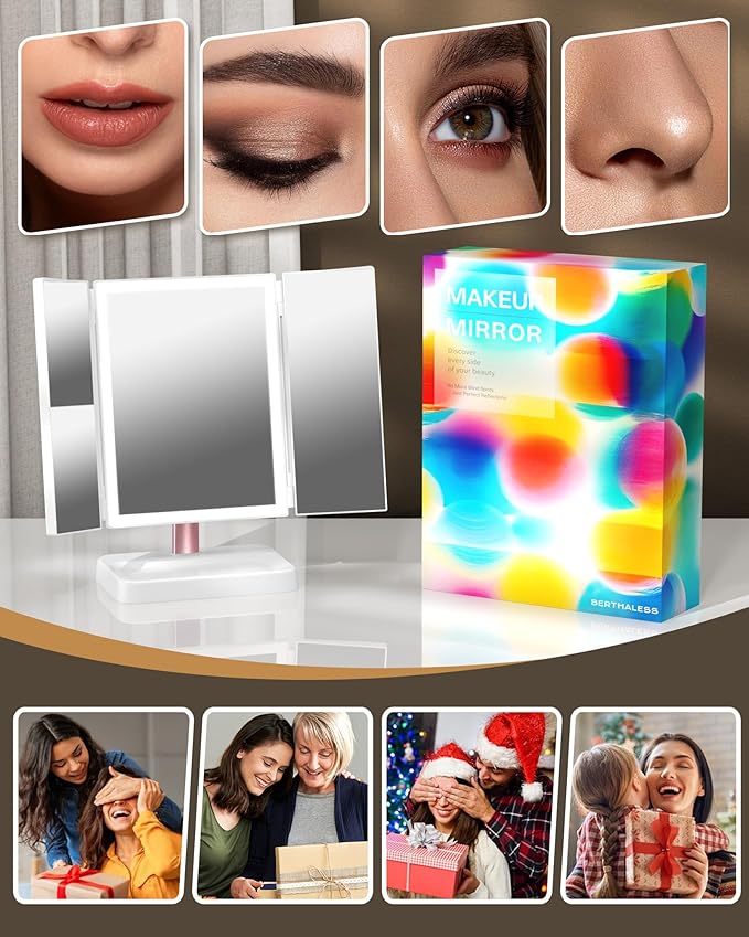 Rechargeable Makeup Mirror with Lights, 14.4" L x 9.1" W Lighted Vanity Mirror Tabletop 3X/2X/1X Magnification