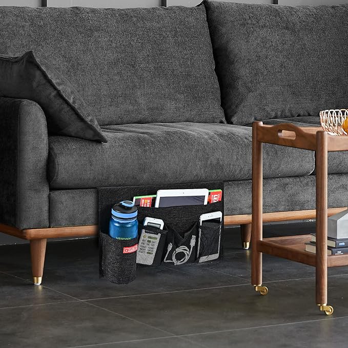 Linen 5 Pockets Bedside Caddy, Bedside Storage Organizer with Water Bottle Holder for Magazine, Remotes, Phone (Black)