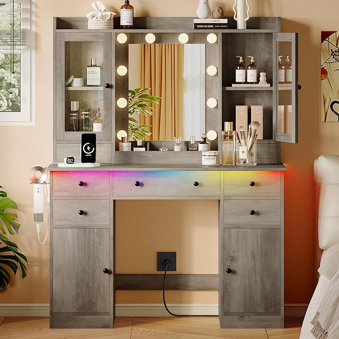 Makeup Vanity Desk with Mirror and Lights, Grey Vanity Table Set with Storage Drawers, Charging Station & Cabinets, Large Dressing Table with RGB Ambient Light for Women Girls Bedroom Bathroom