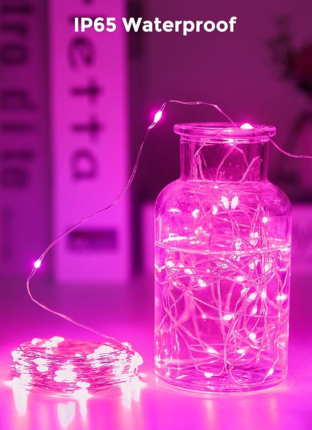 Minetom Solar String Lights for Outside, 33Ft 100 LED Outdoor Solar Fairy Lights, 8 Modes Balcony Lights for Tree Patio Christmas Party Wedding Decor (Pink)