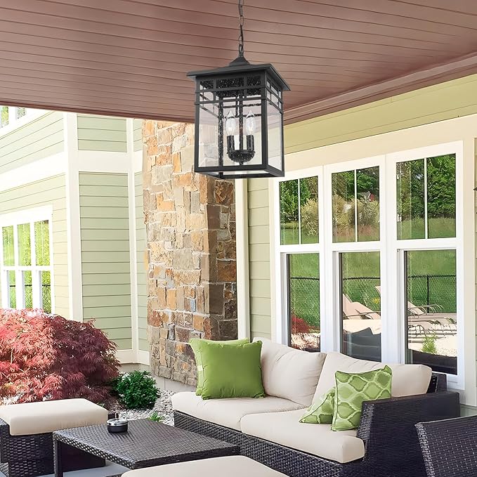 Outdoor Pendant Light Lantern for Front Porch, 10 Inch Large Black Exterior Hanging Chandelier Light Fixtures with Seeded Glass Shade for Patio, Garden, Backyard, Garage, Gazebo, Entryway