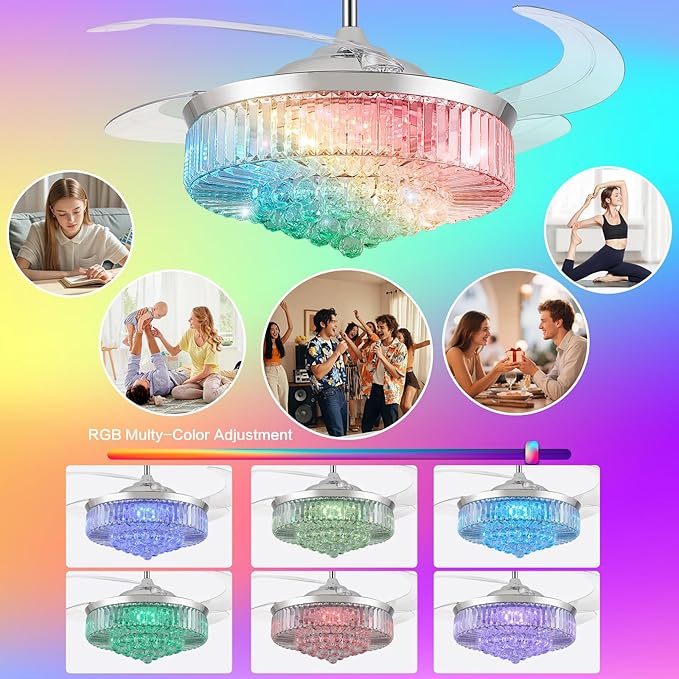 52” Bluetooth Ceiling Fan with Light and Speaker,RGB Retractable Blades Crystal Fandelier Music Player LED Chandelier 6-Speed APP Control Timer Remote for Bedroom Silver