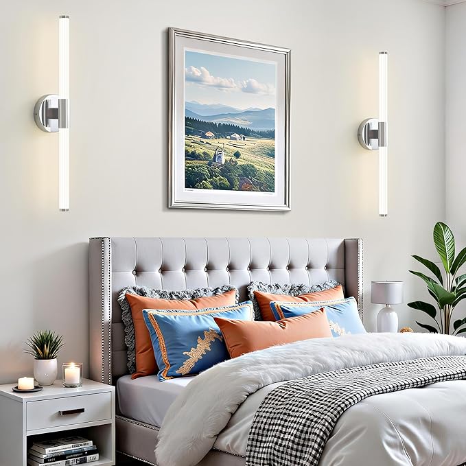 Bathroom Vanity Lights Chrome Dimmable LED 360° Full Lighting Bathroom Light Fixtures Over Mirror 24 inch Vanity Light Bar Hardwired Modern Wall Sconce 4000K Light for Bedroom Living Room