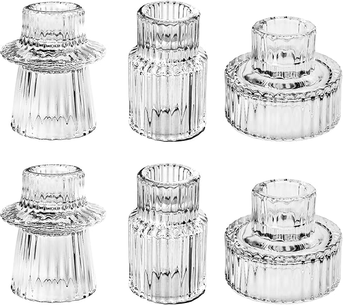 Ribbed Glass Candlestick Holders 6PCS Clear Candle Stick Holders for Tealight Taper Candles Dining Table Centerpieces Holiday Decoration