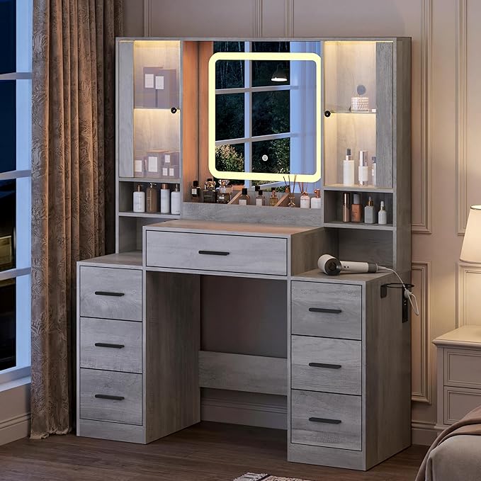 Vanity Desk with Mirror and Lights, Makeup Vanity with 7 Drawers, 2 Glass Door Cabinets, Charging Station, Adjustable Shelves, RGB Lighting, Hair Dryer Holder