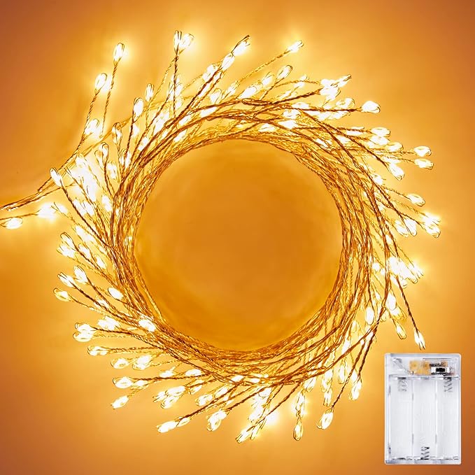 2 Pack 10 Ft Battery Operated Fairy Lights, 120LEDs Firecracker String Lights, Silver Wire Starry Firefly Light for Bedroom Home Wedding DIY Wreath Indoor Outdoor Christmas Decorations, Warm White