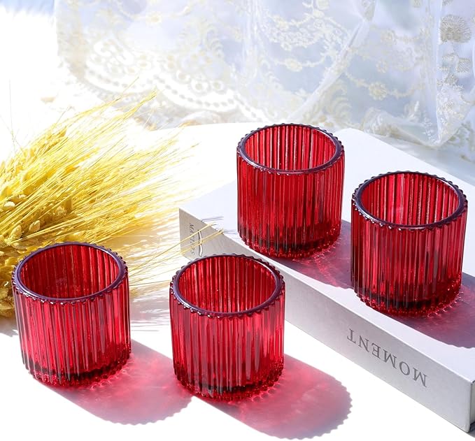 VOHO Red Votive Candle Holders for Christmas Valentines Day Decoration, Vintage Ribbed Tea Lights Candle Holder for Wedding, 6pcs Large Tealight Candle Holder for Votives Tea Lights(2.75'' x 2.56'')