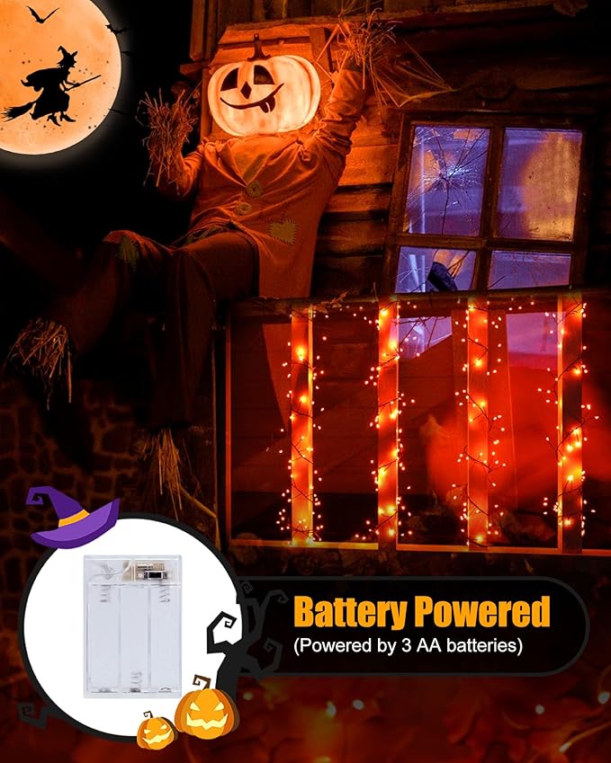 Halloween Fairy Lights Battery Operated, 10 Feet 120LEDs Firecracker String Lights Waterproof Silver Wire Starry Firefly Light for Bedroom Home Haunted House Indoor Outdoor Holiday Decorations, Orange