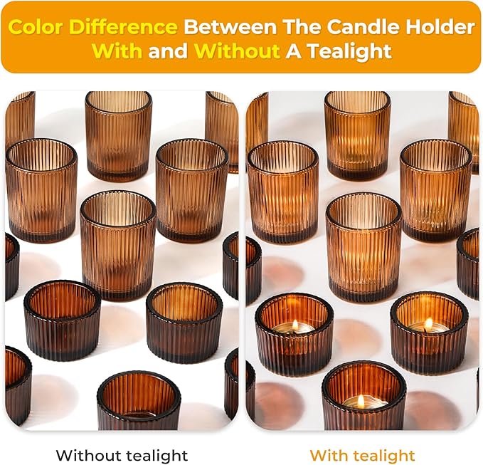 20pcs Assorted Votive Candle Holders for Tea Light Candles, Amber Glass Tea Light Candle Holders Set, Decorative Ribbed Tealight Holder for Wedding Table Decor, Dining Room, Valentine's Day, Birthday