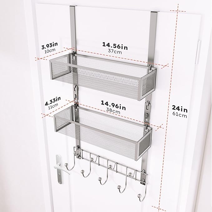 Consumest Over The Door Hooks Organizer - Extra Long Door Hanger with 9 Coat Hooks & 2 Mesh Basket, Back Storage Organizer Hanging Towels for Bathroom, Bedroom, Sand Nickel (for 1.76 in Doors)