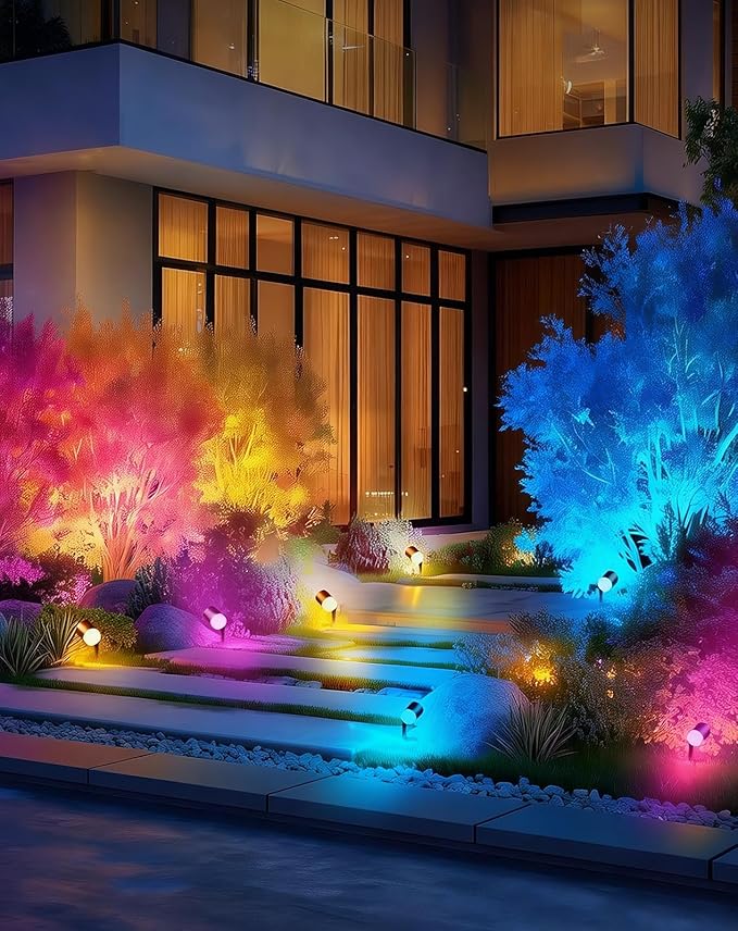 GZBtech Waterproof Landscape Spotlights, 24V RGB+IC+CCT Color Changing Outdoor Pathway Lighting, App&Remote Control Work with Alexa, Aluminum Dimmable LED Spot Light for Garden Yard Decor, 4 Pack