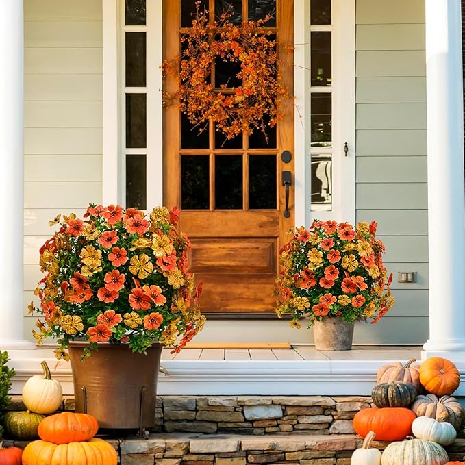 Artificial Topiary Bushes for Outdoors with Spike, Boxwood Ball Fake Shrubs UV Resistant Faux Plants for Indoor Outdoor Fall Thanksgiving Halloween Decor (Orange Green)