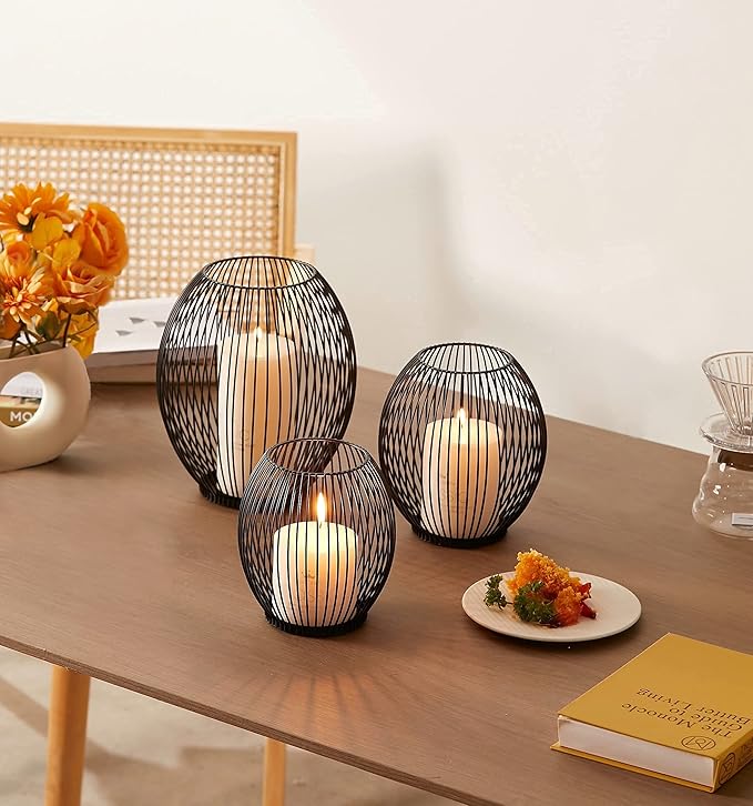 OLEEK Small Outdoor Candle Holders for Patio - Pillar Candle Holder - Black Wire Candle Holder for Table Centerpiece - Iron Lantern Decorative Candles - Farmhouse Decor Fireplace Metal Candle Holders