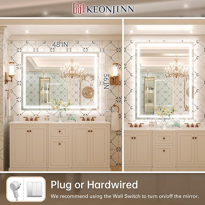 Keonjinn LED Bathroom Mirror 48 x 36 in with Backlit and Front Lights, Stepless 3 Colors Temperature & Dimmable Wall Mirror, UL Listed LED Driver, Tempered Glass Double Lighted Bathroom Vanity Mirror
