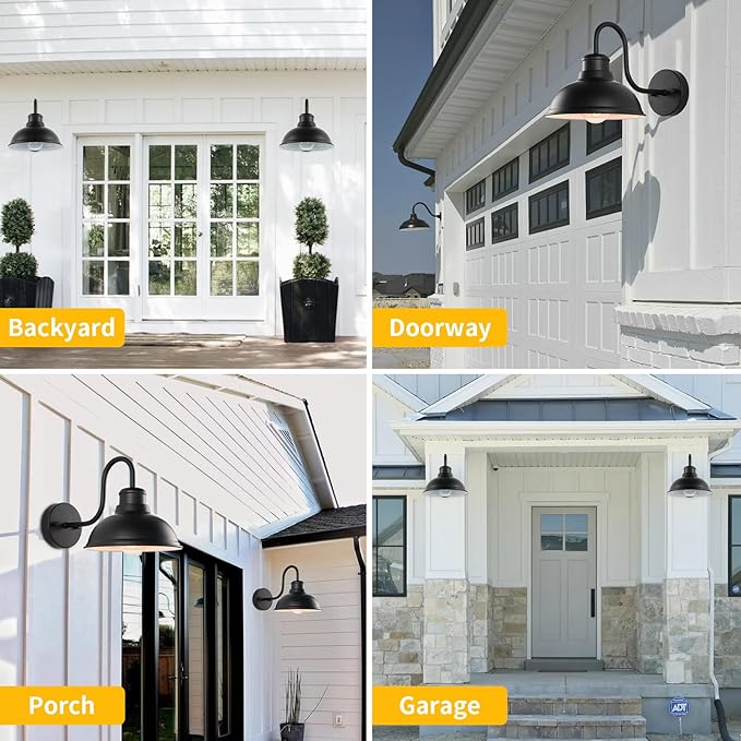 Outdoor Gooseneck Barn Light Outdoor Wall Sconce 8 Inch Farmhouse Exterior Wall Mount Light Vintage Fixture Industrial Matte Black Lantern for Porch, Entryway, Patio(2 Pack)