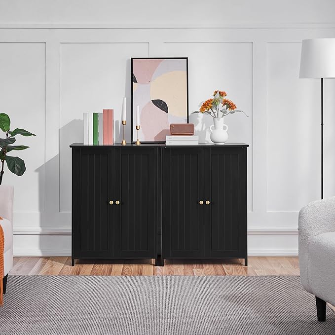 Yaheetech Bathroom Floor Cabinet, Modern Storage Freestanding Organizer Cabinet with Adjustable Shelves & Double Doors, 3-Tier Home Living Room Furniture, Black