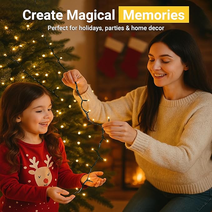 Magnetic String Lights - 60ft LED Fairy Lights with Quick Connect - Indoor Plug in - Warm & Bright White - Dorm Room Decorations
